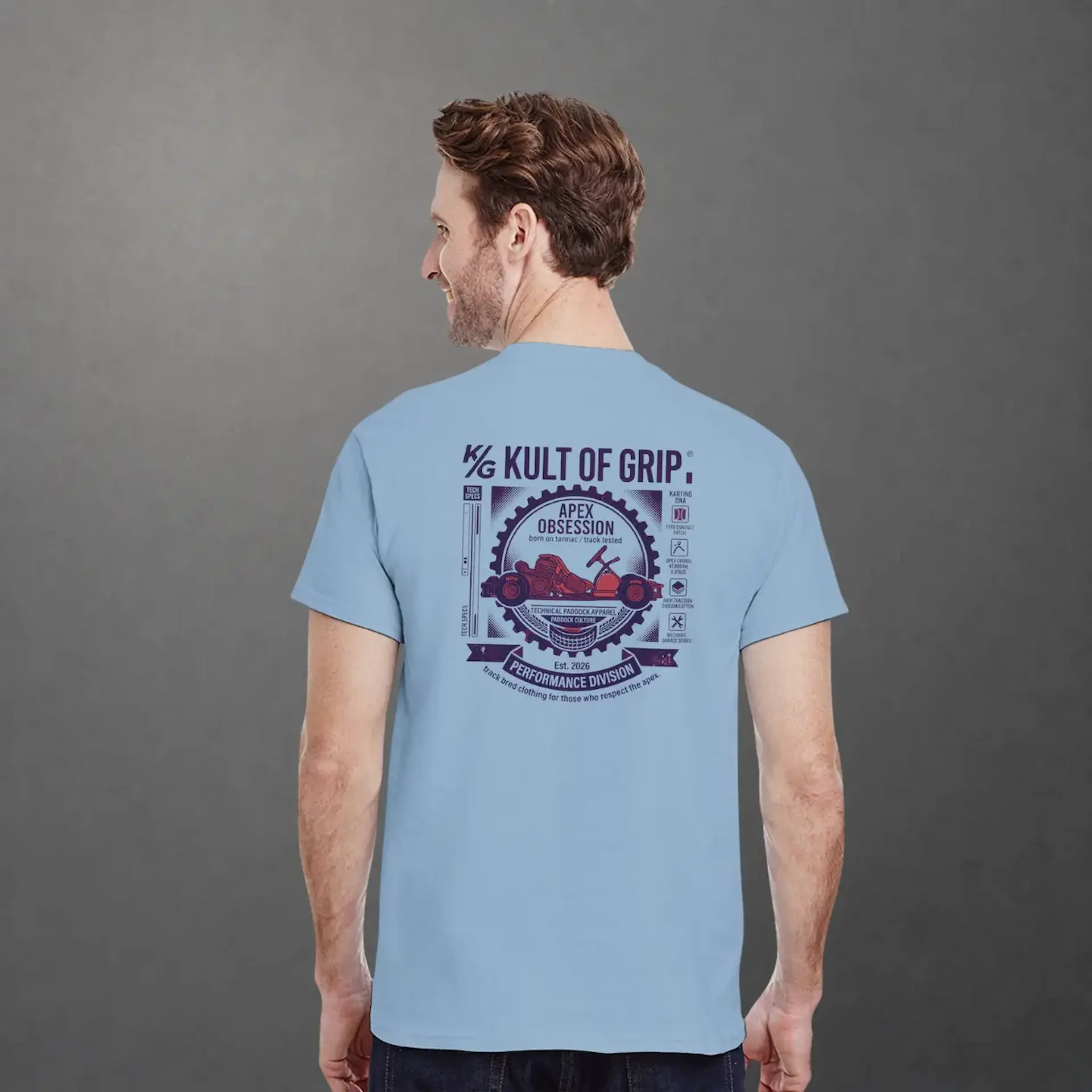 T-shirt karting Apex Obsession Performance Division adulte bleu clair – vue de dos porté
