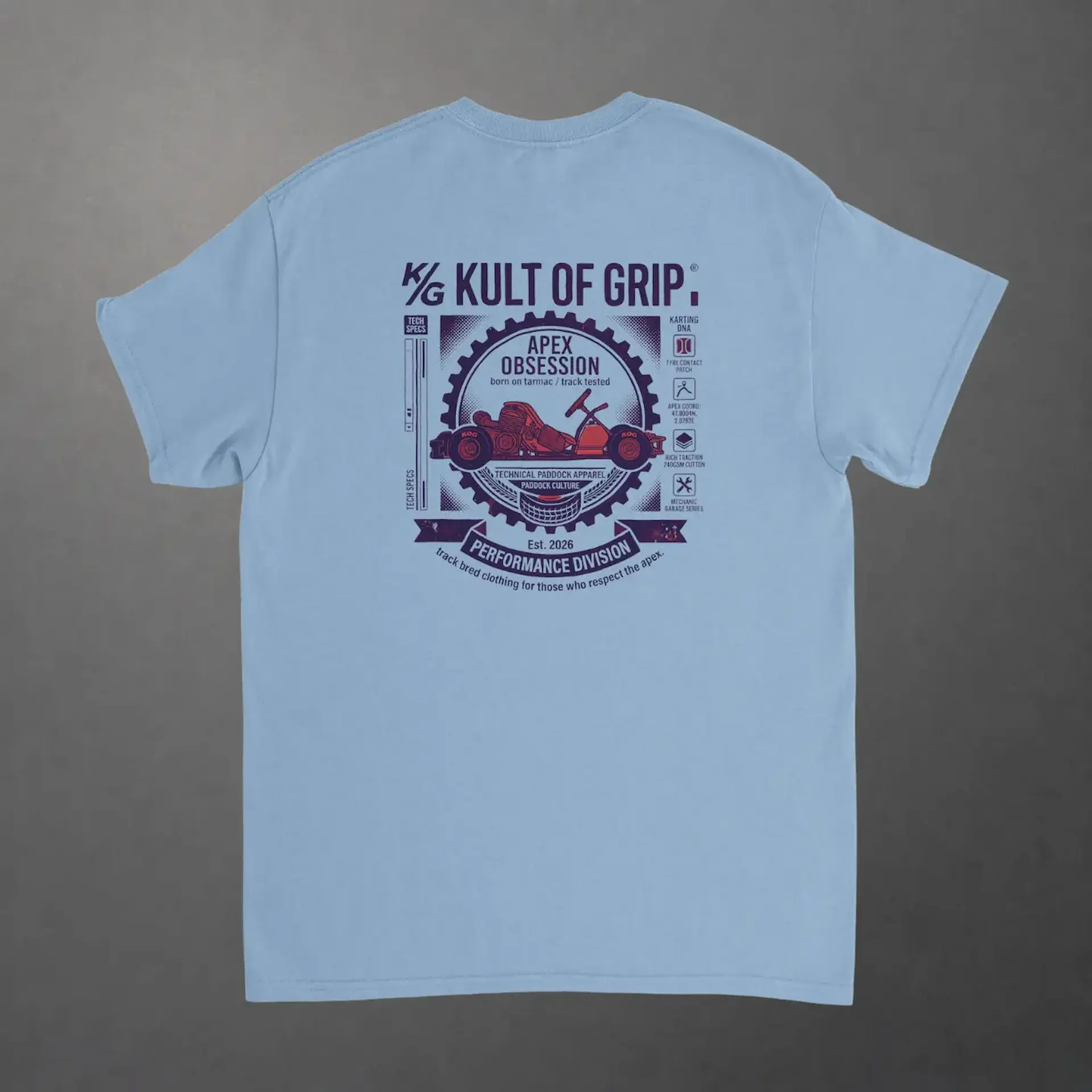 T-shirt karting Apex Obsession Performance Division adulte bleu clair – vue de dos