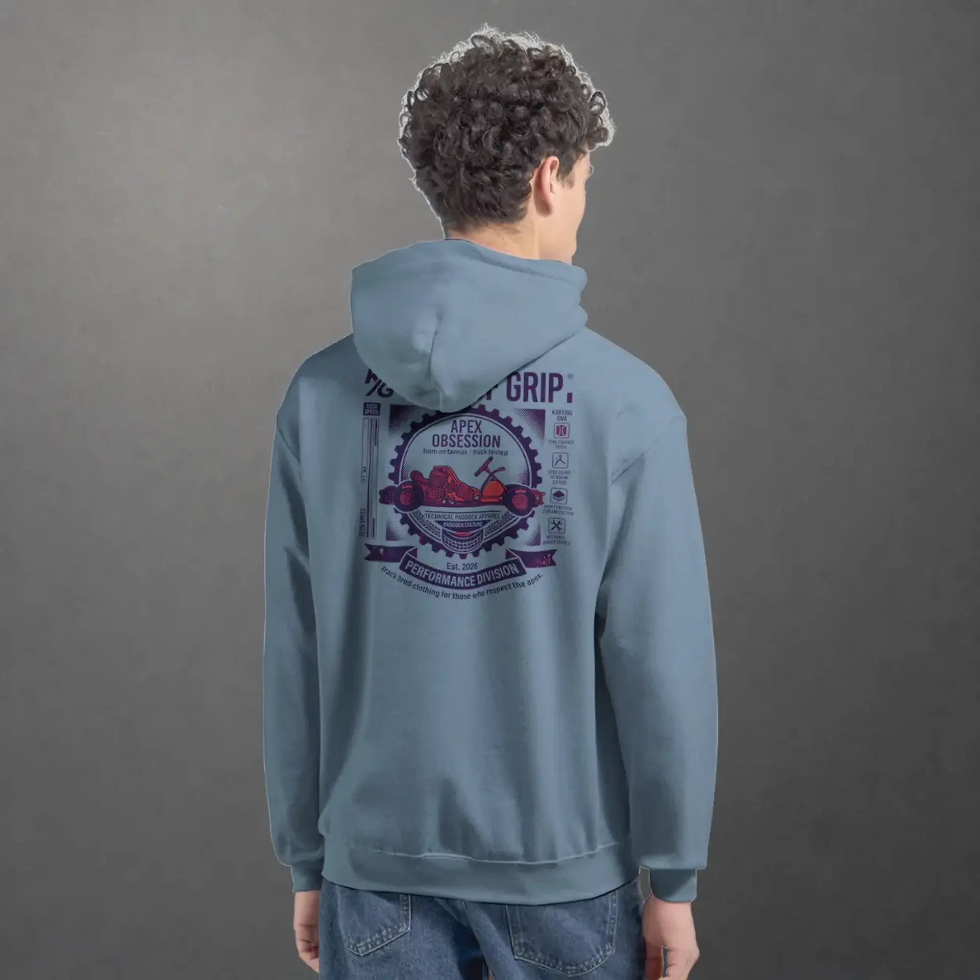 Sweat karting Apex Obsession Performance Division adulte bleu pierre – vue de dos porté