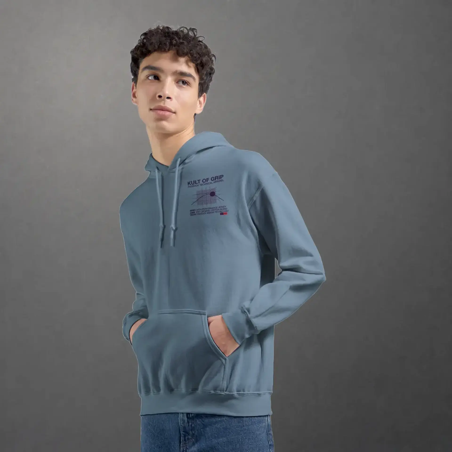 Sweat karting Apex Obsession Performance Division adulte bleu pierre – vue de face porté