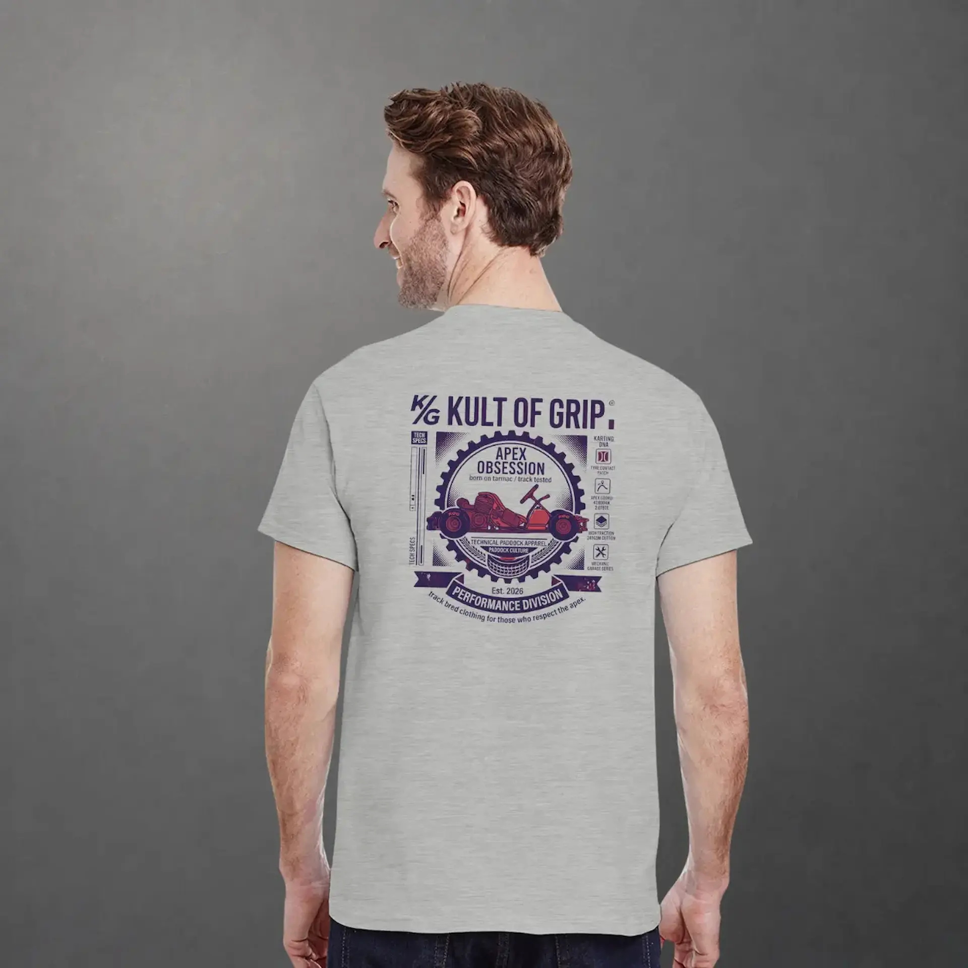 T-shirt karting Apex Obsession Performance Division adulte gris clair – vue de dos porté