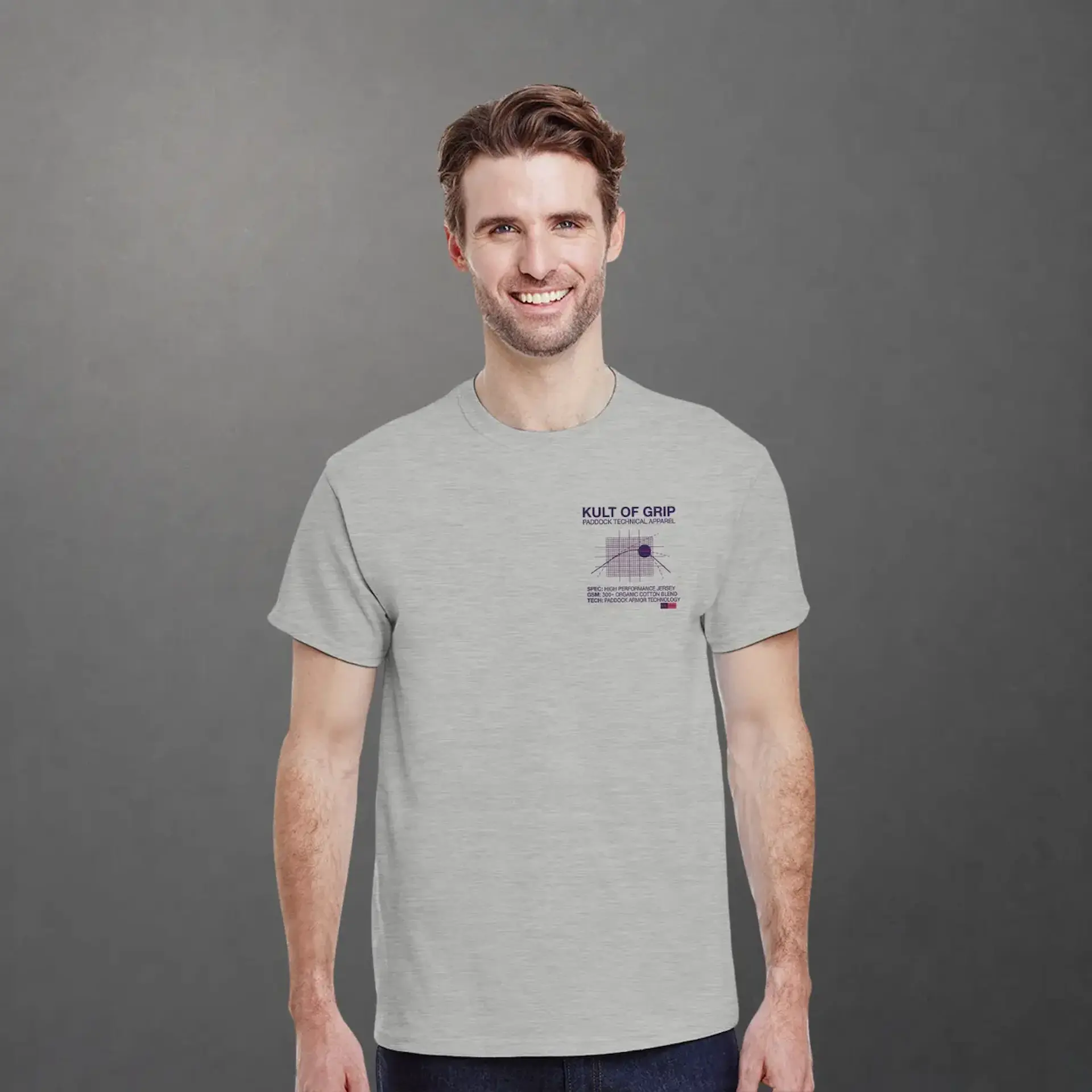 T-shirt karting Apex Obsession Performance Division adulte gris clair – vue de face porté