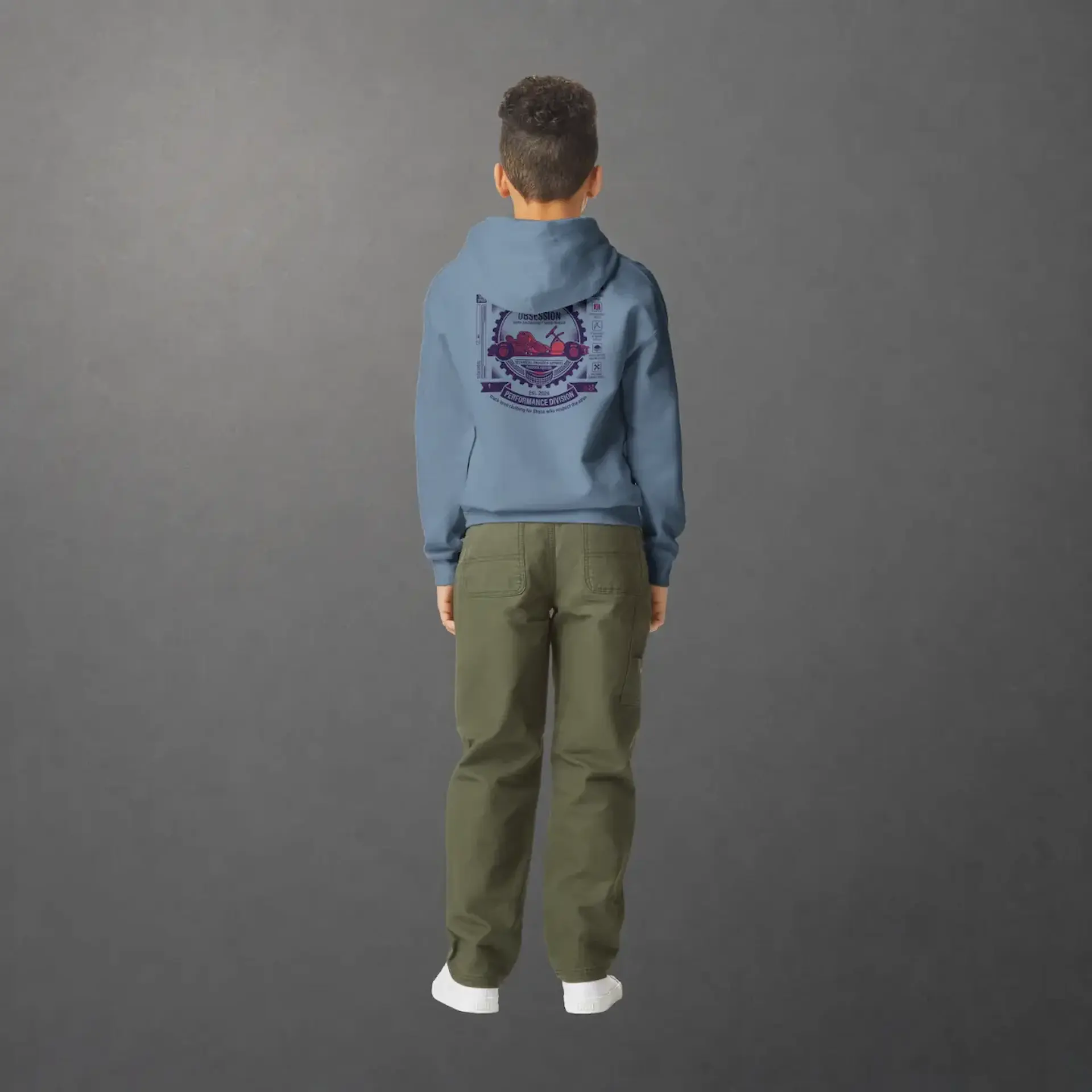 Sweat karting Apex Obsession Performance Division enfant bleu pierre – vue de dos porté