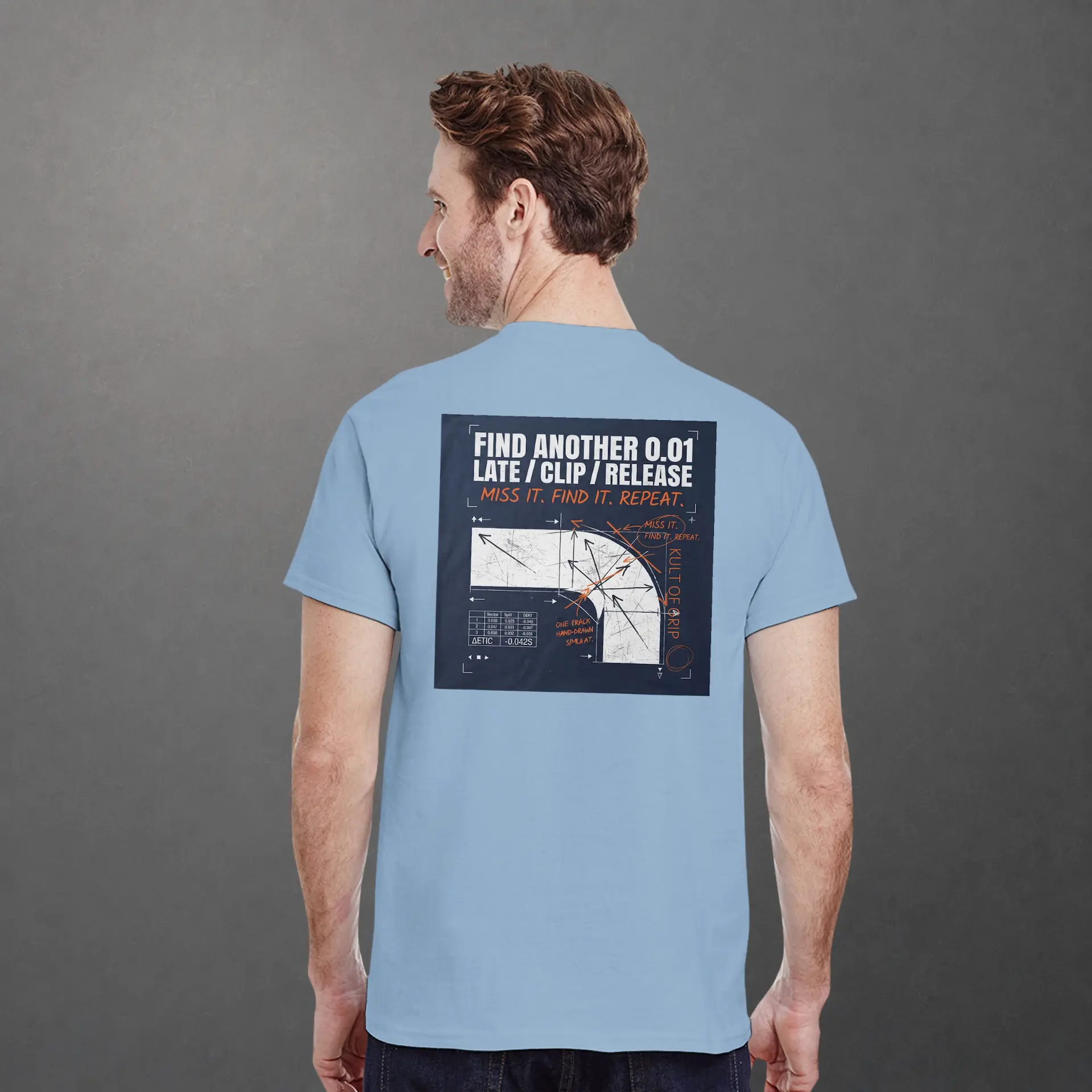 T-shirt karting Apex Obsession Apex Chronicles adulte bleu clair – vue de dos porté