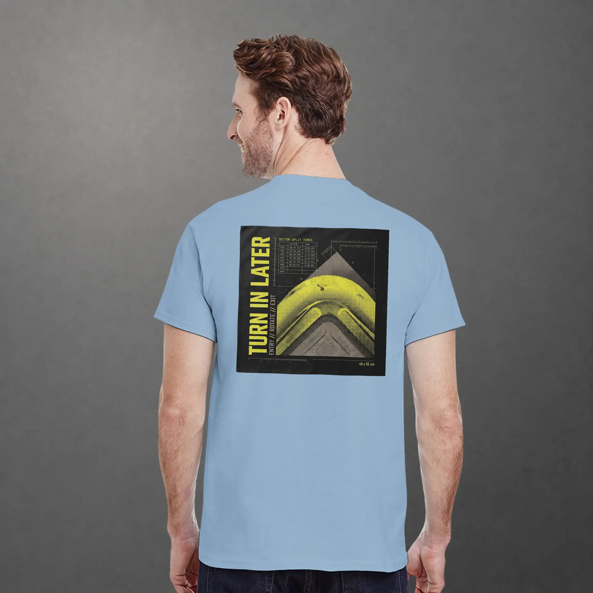 T-shirt karting Telemetry Corner Manifesto bleu clair – vue de dos porté