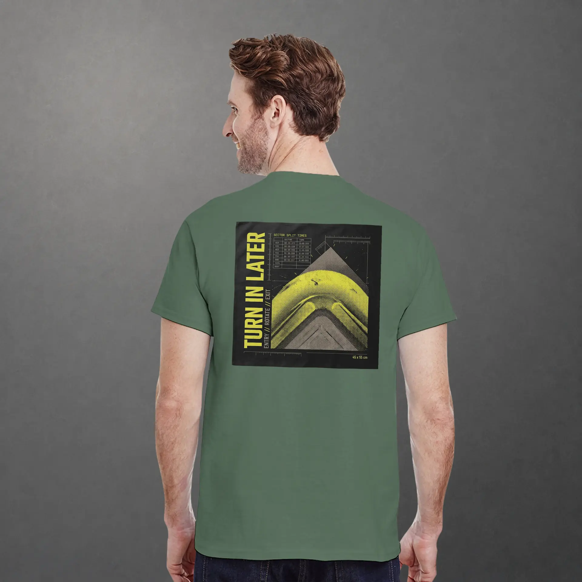 T-shirt karting Telemetry Corner Manifesto vert olive – vue de dos porté