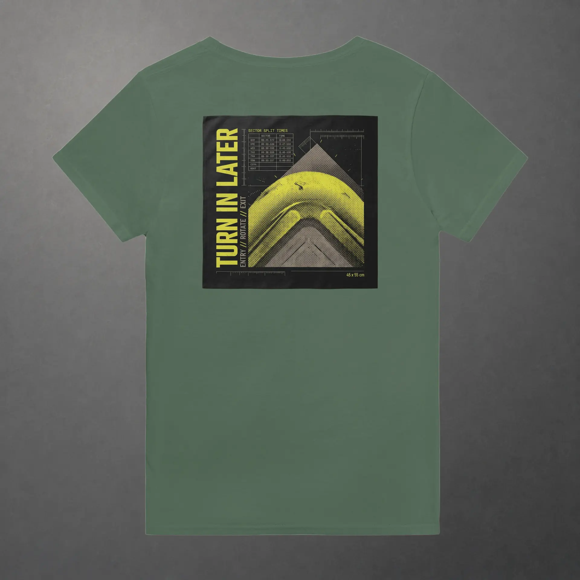 T-shirt karting Telemetry Corner Manifesto vert olive – vue de dos