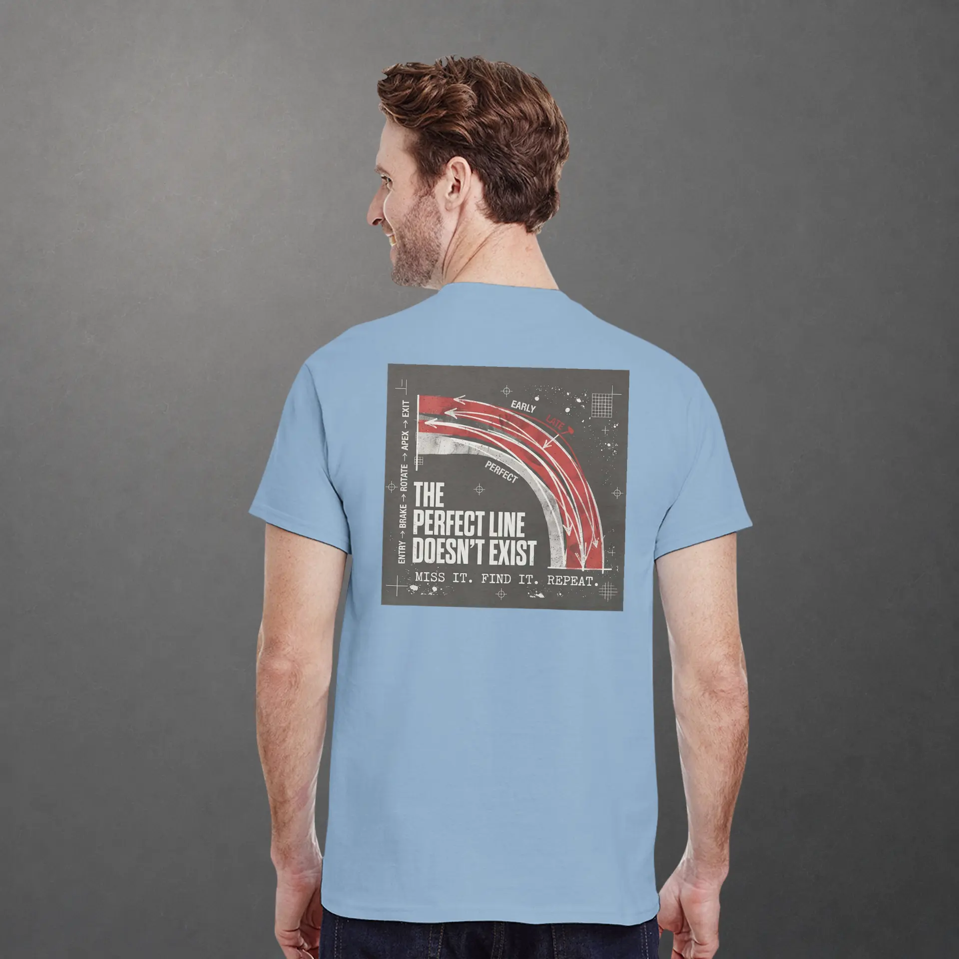 T-shirt karting Apex Obsession Geometry of Hesitation adulte bleu clair – vue de dos porté