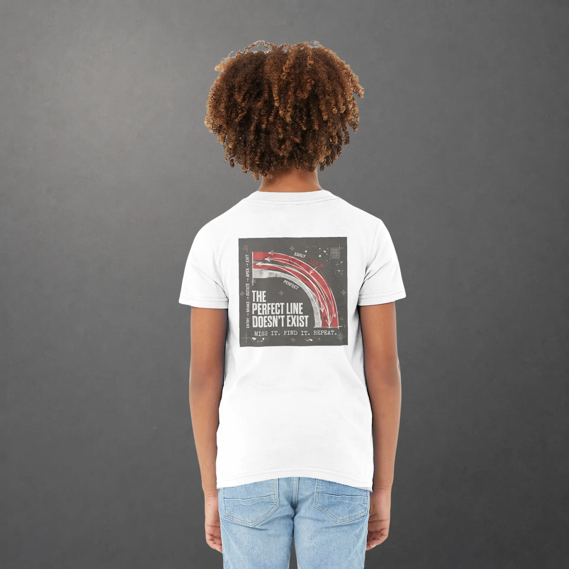 T-shirt karting Apex Obsession Geometry of Hesitation enfant blanc – vue de dos porté