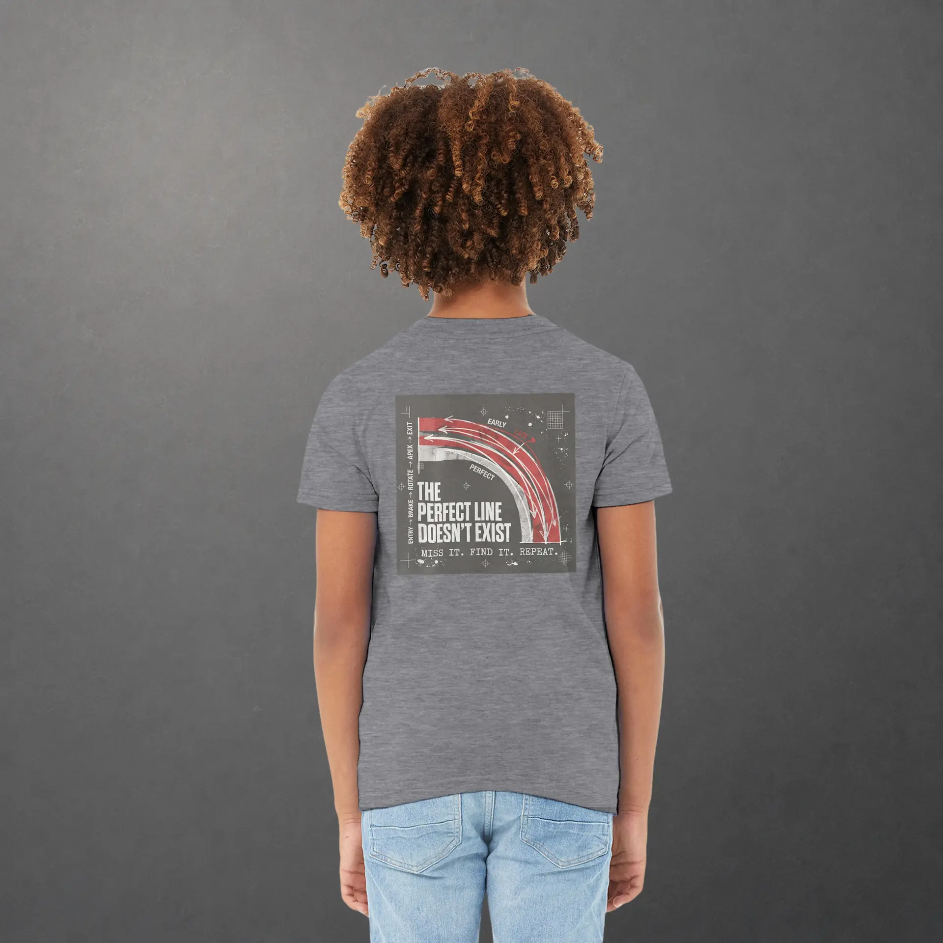 T-shirt karting Apex Obsession Geometry of Hesitation enfant gris foncé – vue de dos porté