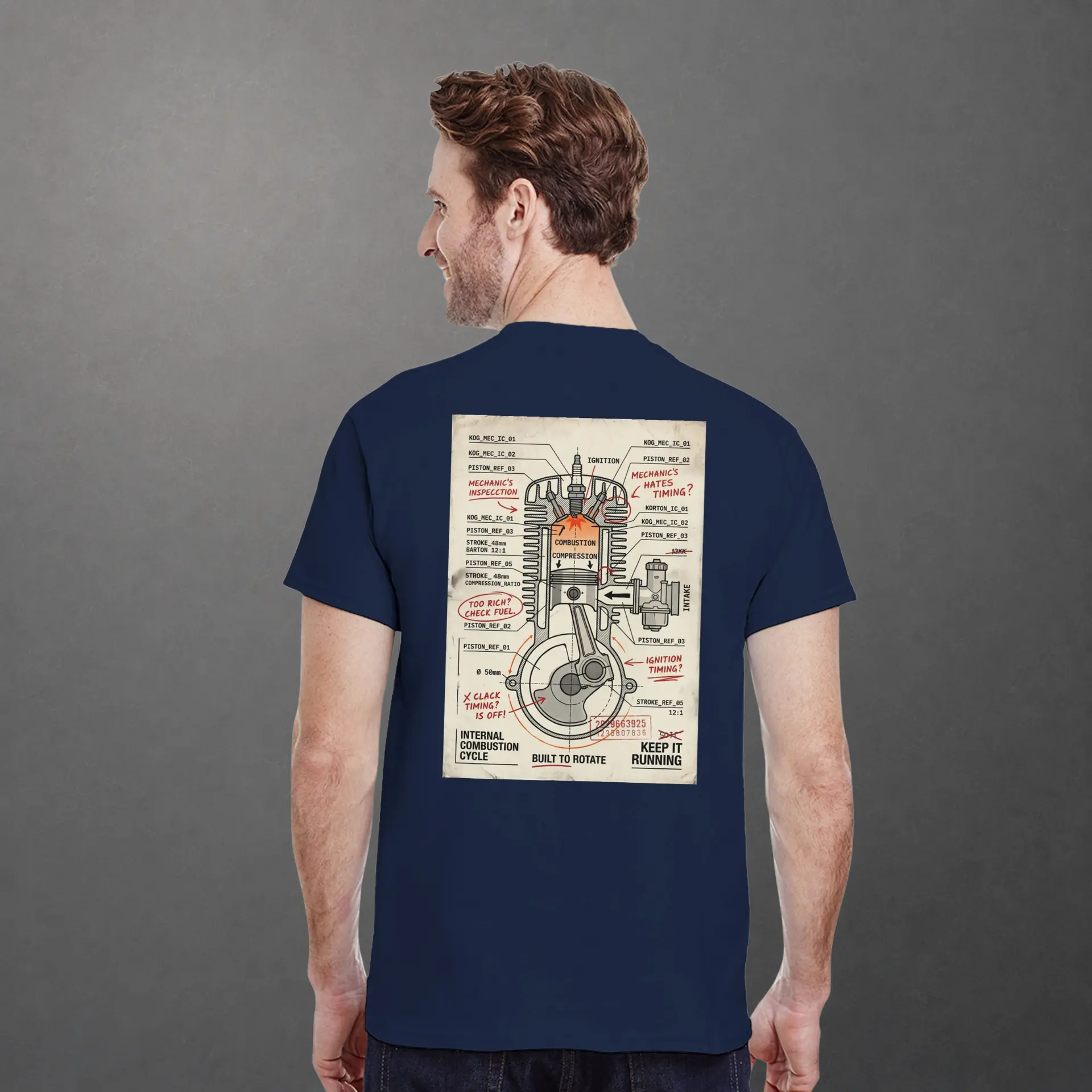 T-shirt karting Mechanical Internal Combustion adulte bleu marine – vue de dos porté