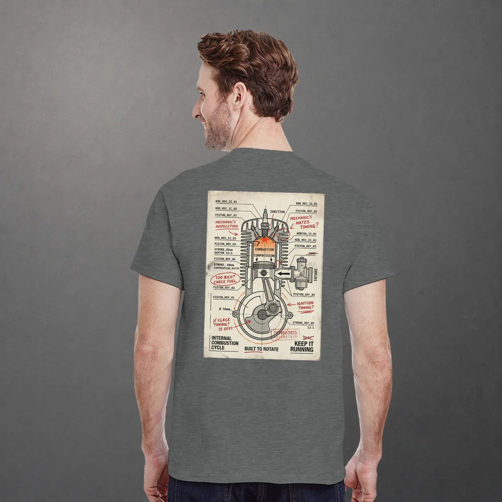 T-shirt karting Mechanical Internal Combustion adulte gris foncé – vue de dos porté