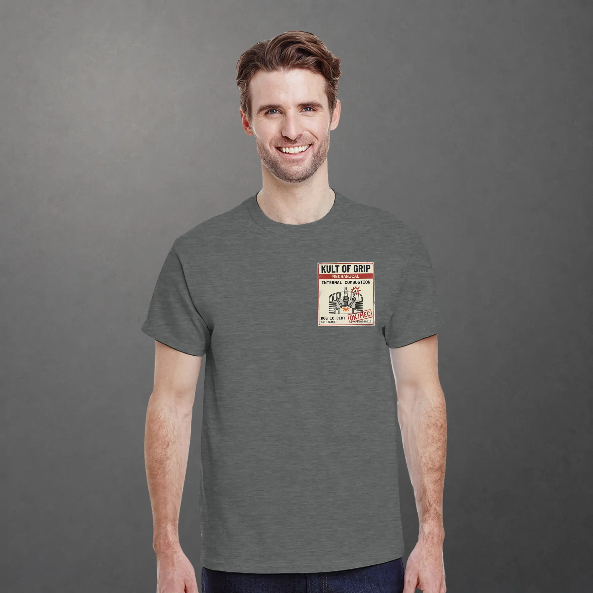 T-shirt karting Mechanical Internal Combustion adulte gris foncé – vue de face porté