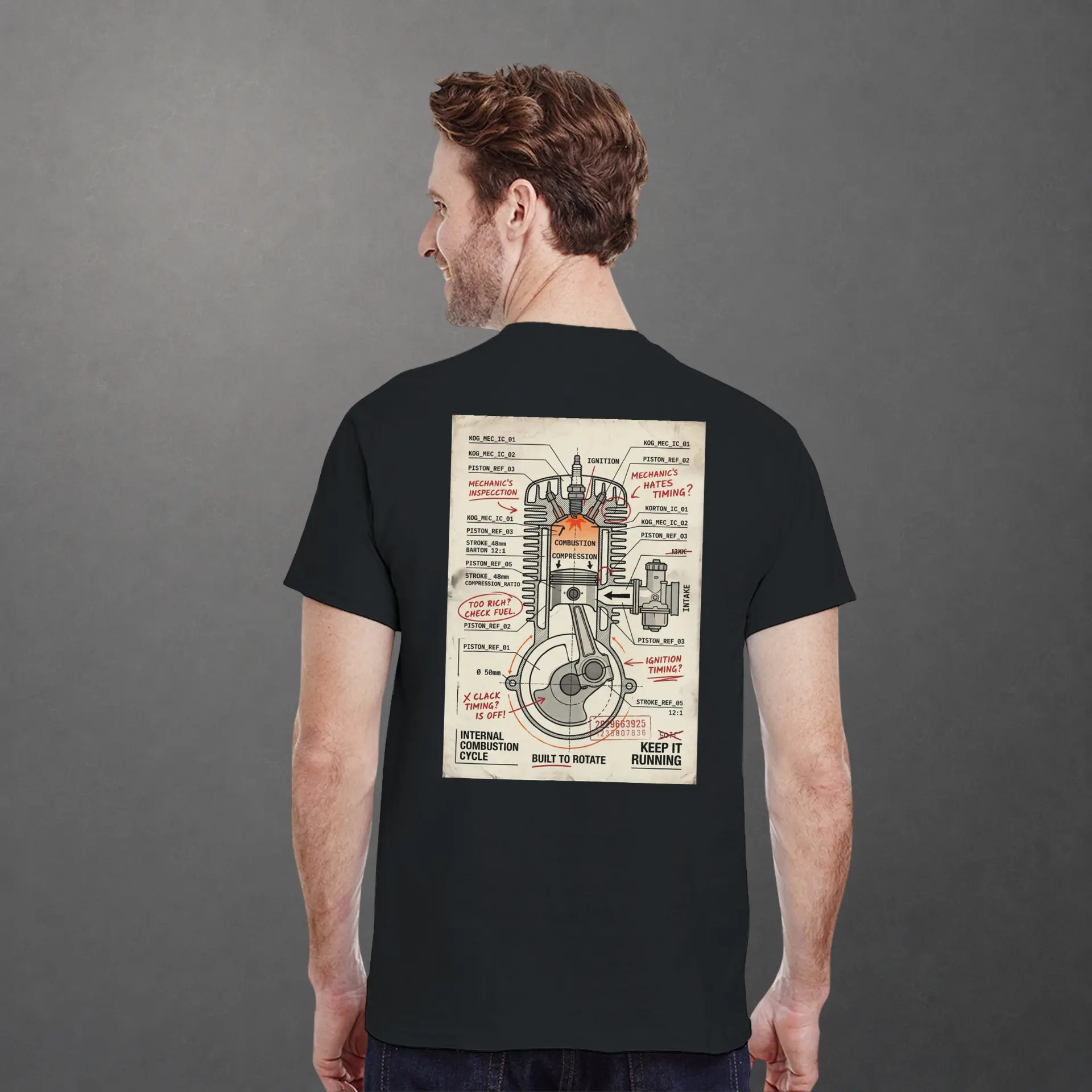 T-shirt karting Mechanical Internal Combustion adulte noir – vue de dos porté