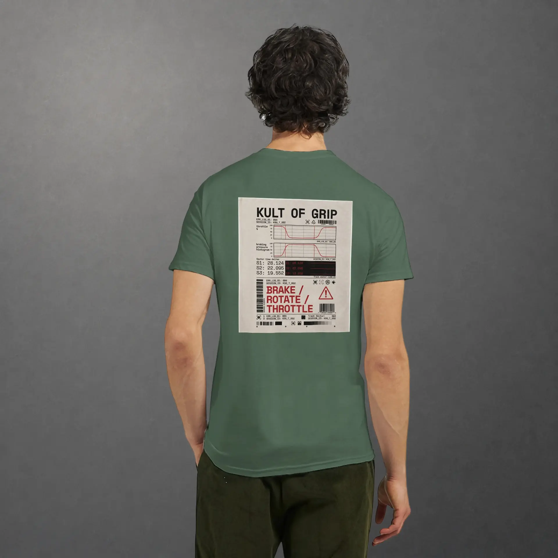 T-shirt karting Telemetry Log and Diagnostic adulte vert olive – vue de dos porté