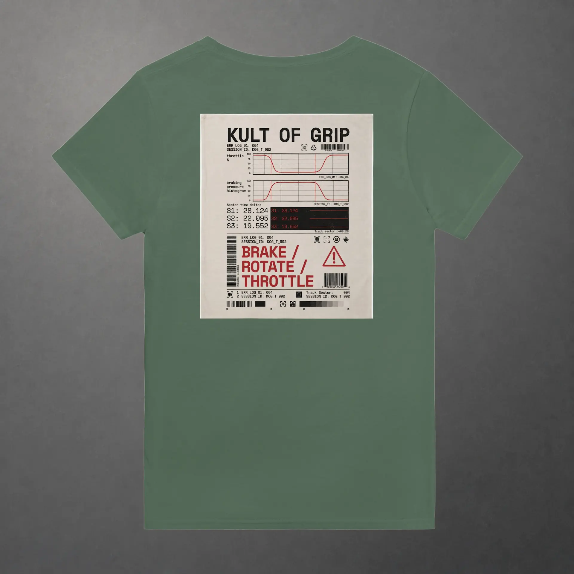 T-shirt karting Telemetry Log and Diagnostic adulte vert olive – vue de dos
