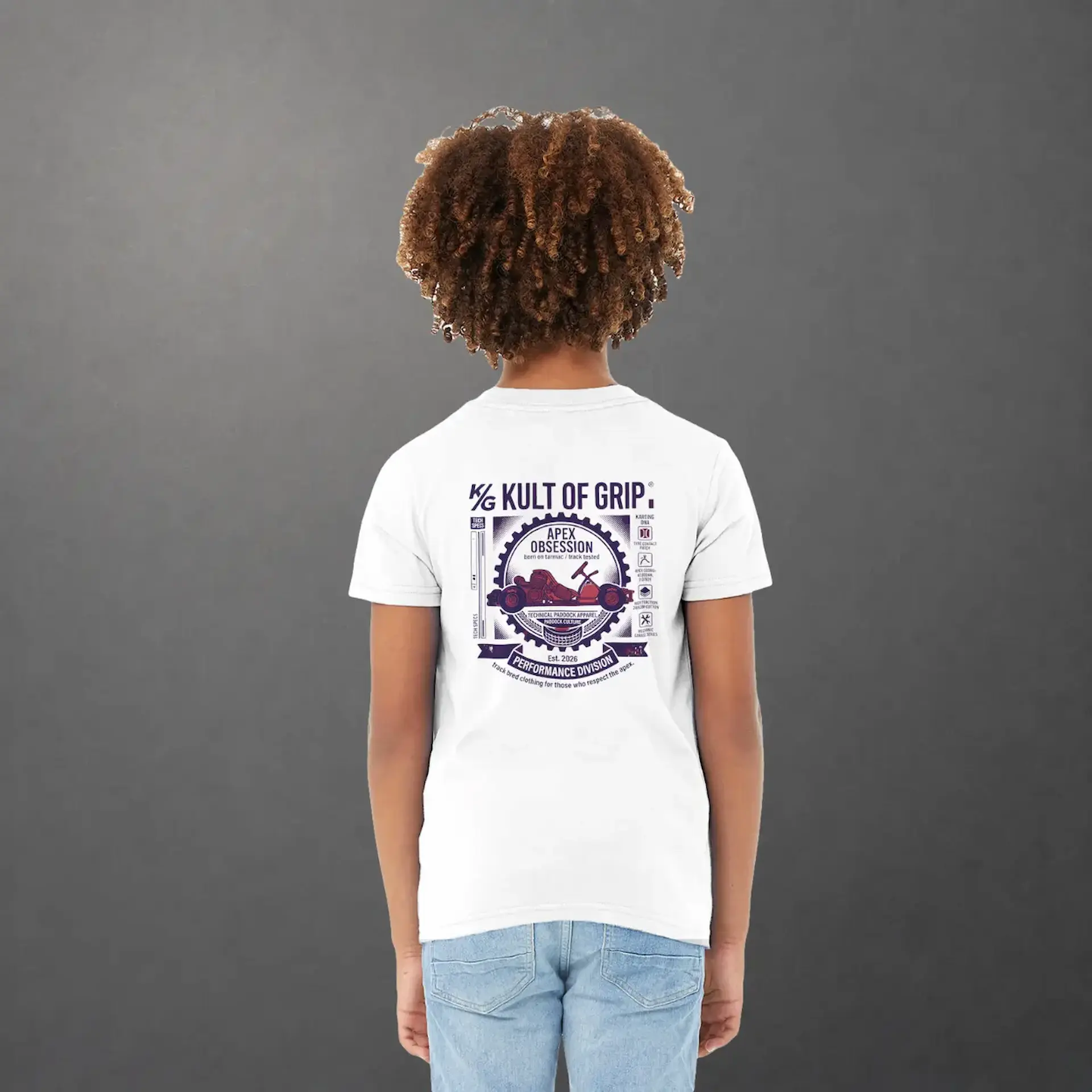 T-shirt karting Apex Obsession Performance Division enfant blanc – vue de dos porté