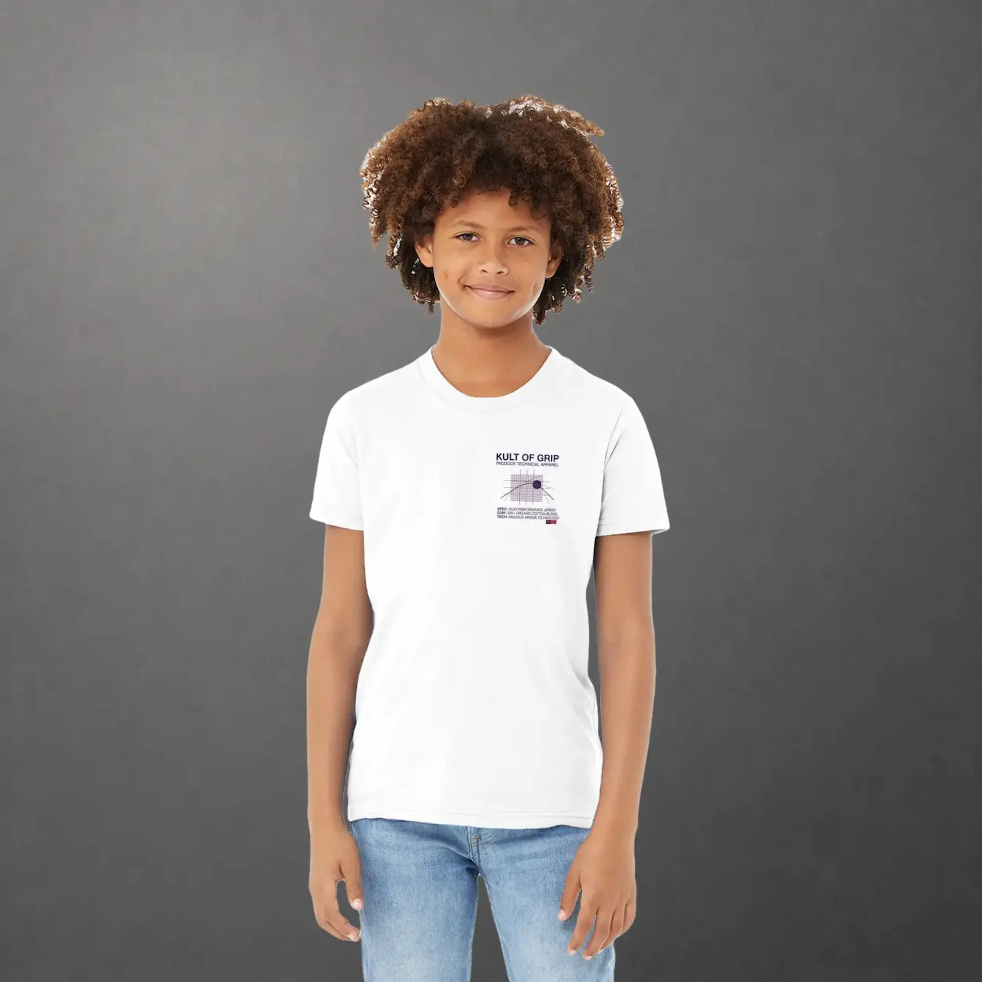 T-shirt karting Apex Obsession Performance Division enfant blanc – vue de face porté