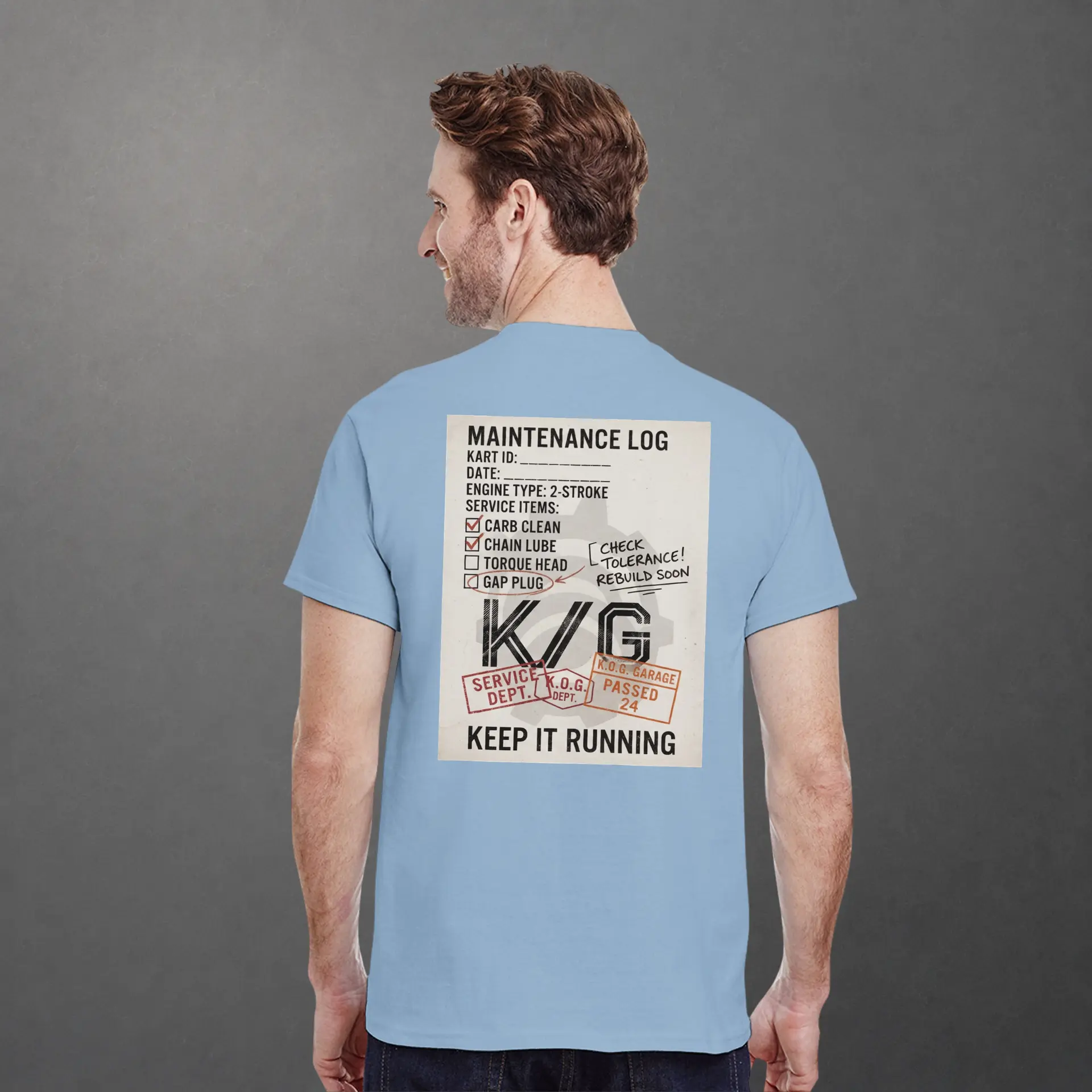 T-shirt karting Mechanical Service Departement adulte bleu clair – vue de dos porté
