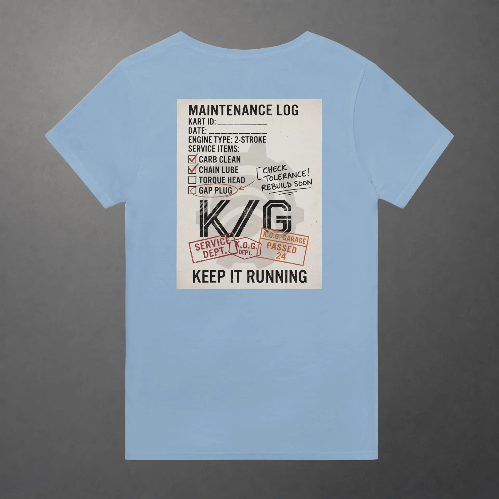 T-shirt karting Mechanical Service Departement adulte bleu clair – vue de dos
