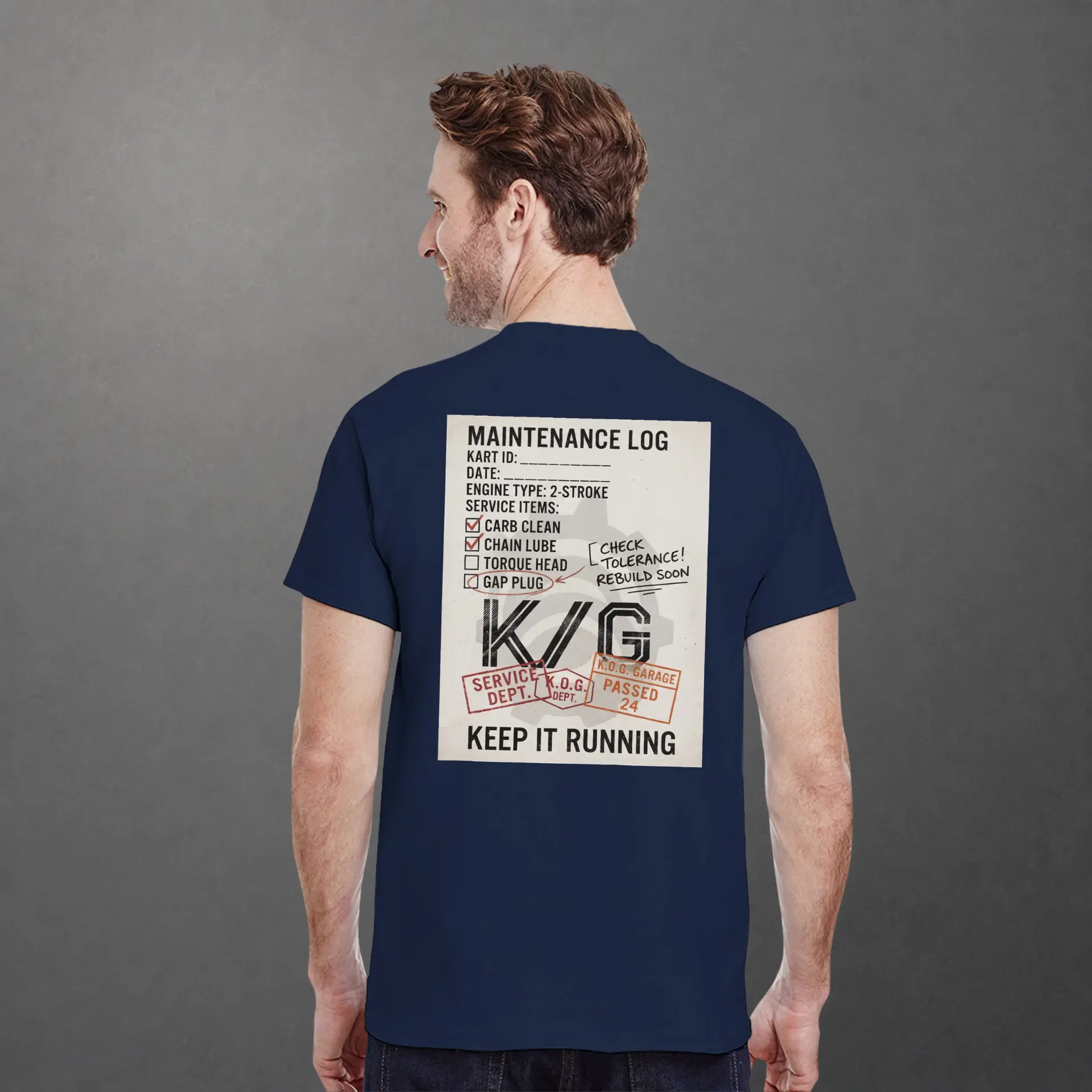 T-shirt karting Mechanical Service Departement adulte bleu marine – vue de dos porté