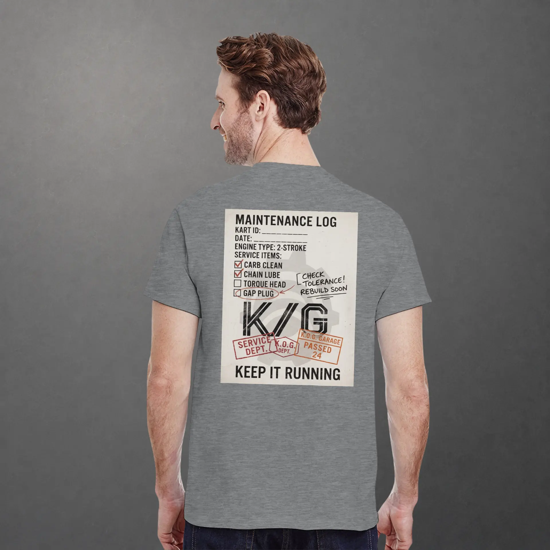 T-shirt karting Mechanical Service Departement adulte gris foncé – vue de dos porté