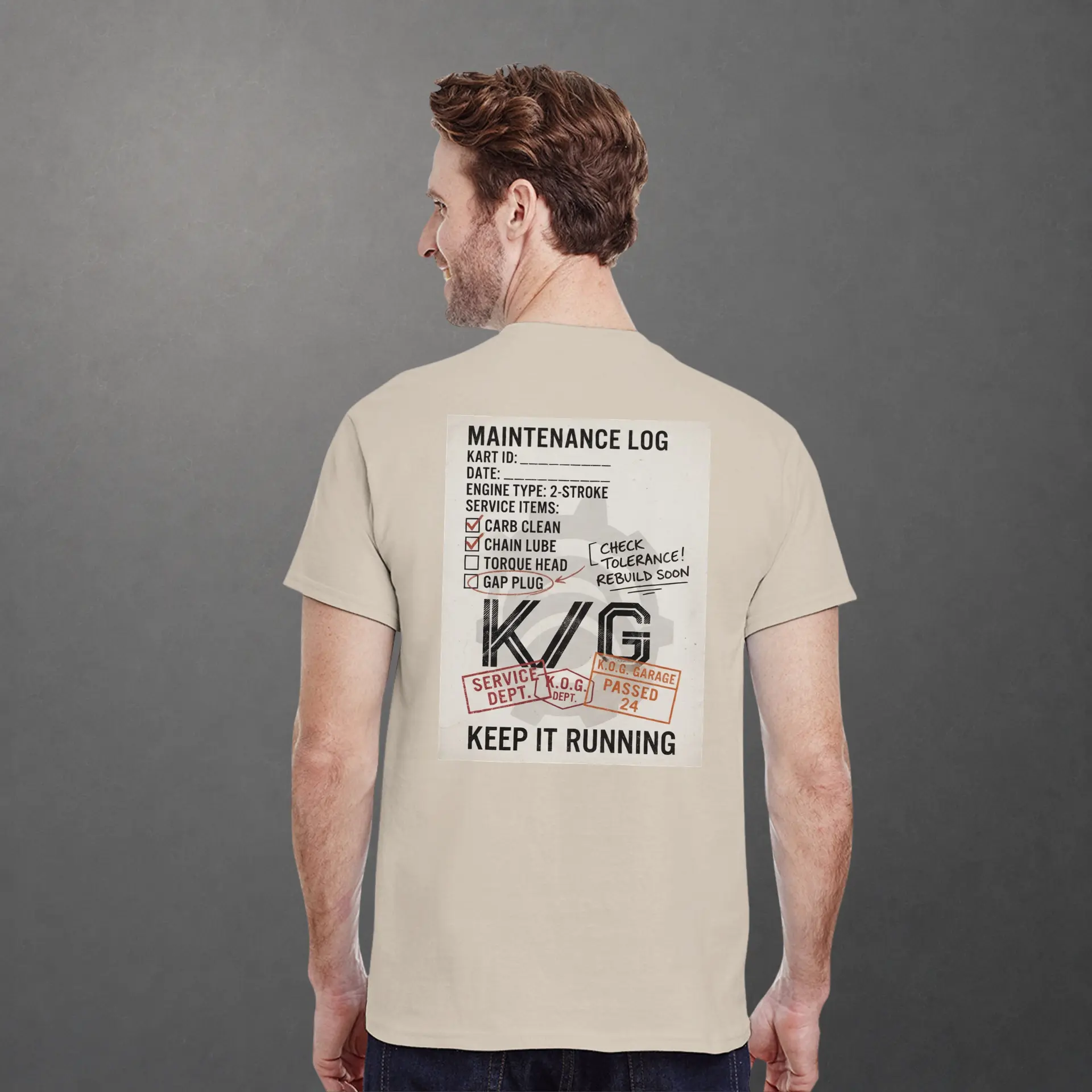 T-shirt karting Mechanical Service Departement adulte sable – vue de dos porté