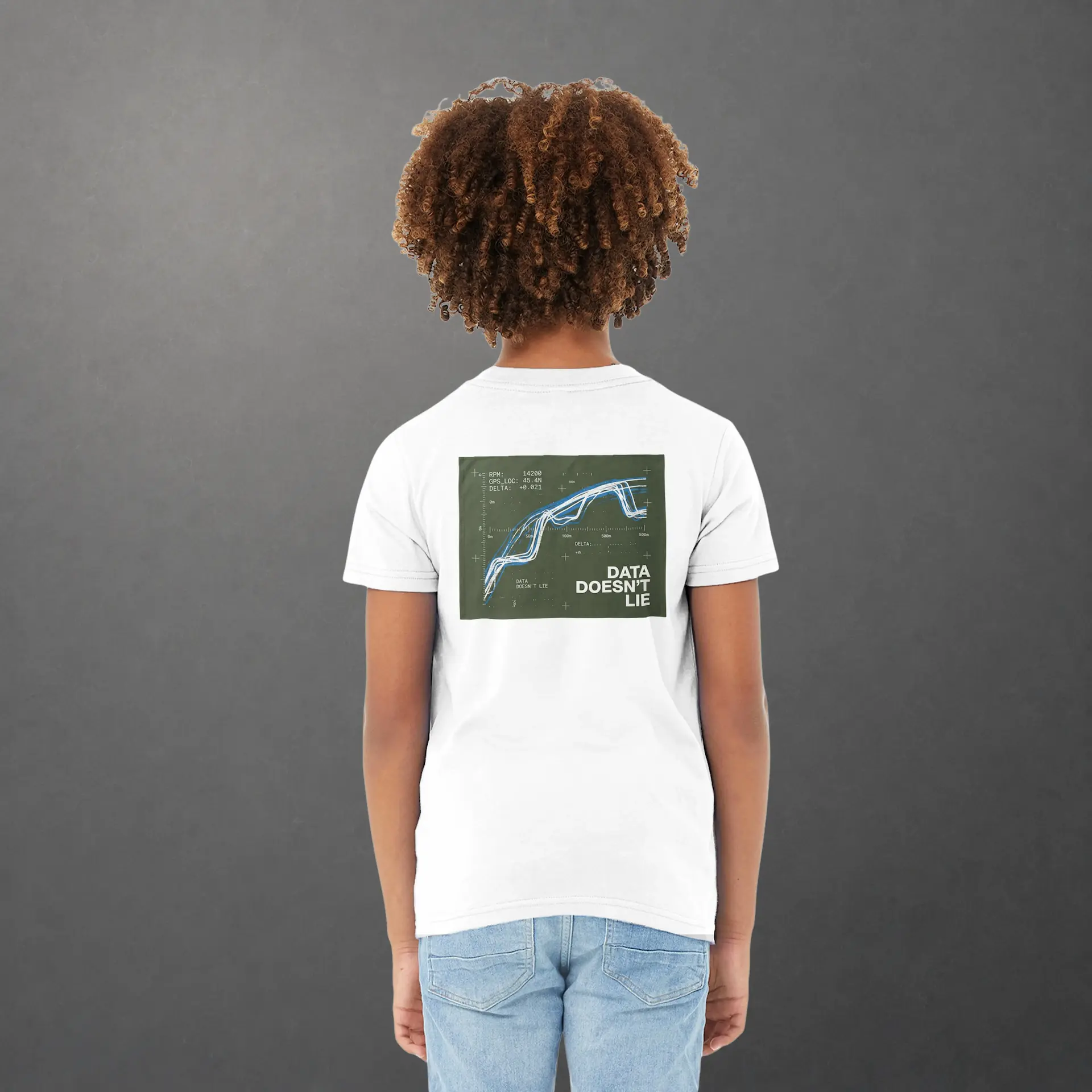 T-shirt karting Telemetry Trace and Signal Diagnostic enfant blanc – vue de dos porté